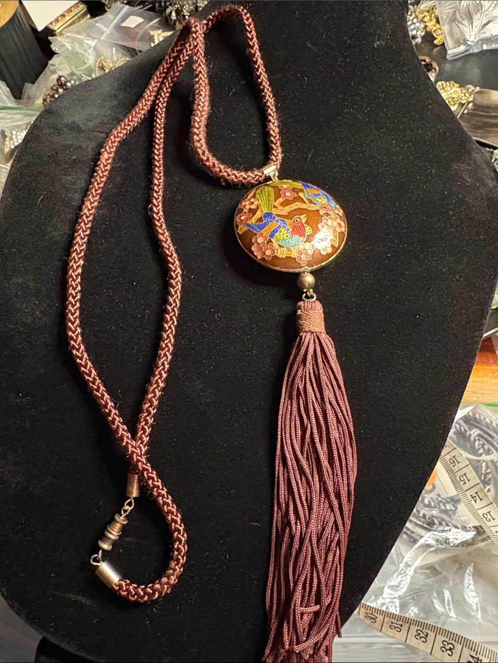 Handcrafted Brown Cloisonné Pendant Necklace with Tassel